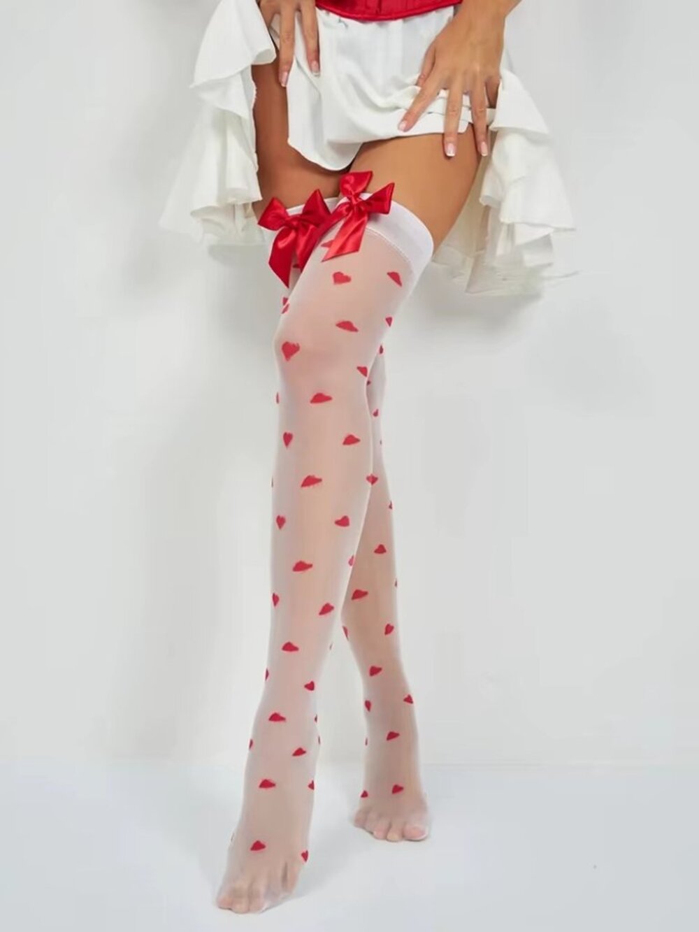 Women's Red Heart Pattern Satin Bow White Over Knee Thigh High Stockings Tights